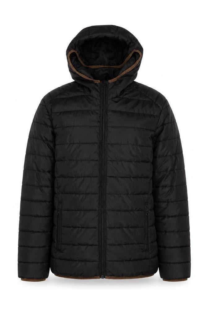 Front view of Only & Sons Men's Black Puffer Jacket, size M, Casual Wear