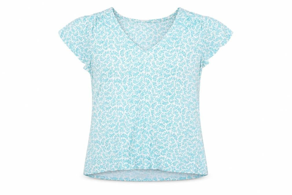 Front view of Laura Ashley Women's Blue Floral Blouse, size 8, Cap Sleeve
