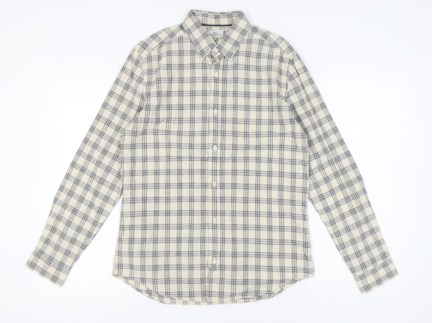 Next Men's Beige Check Button-Up Long Sleeve Shirt M