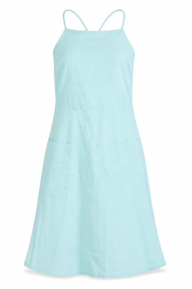 Front view of Warehouse Women's Blue Slip Dress, size 6, Summer Style