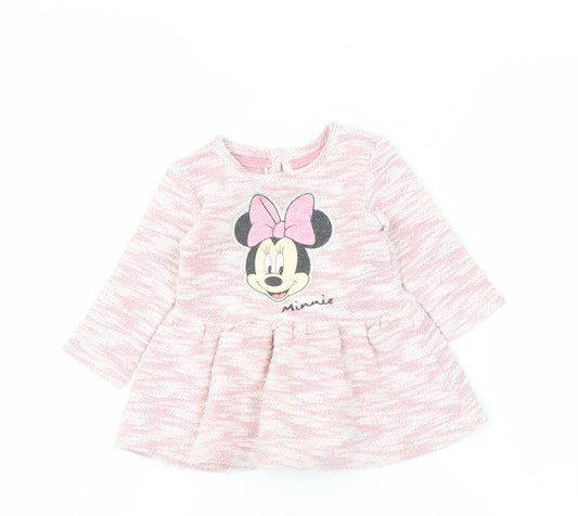 Front view of Disney girls’ pink minnie dress 9-12 months with long sleeves