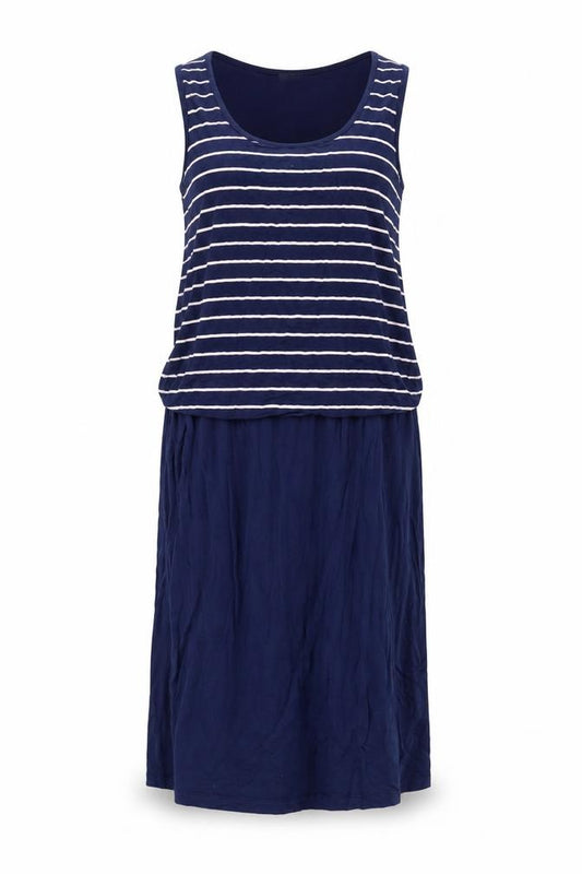Front view of South women’s blue sleeveless striped dress, size UK 18