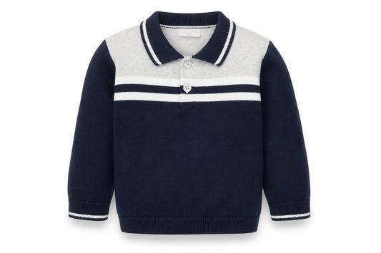 Front view of mamas & papas unisex blue 12-18m collared cotton jumper