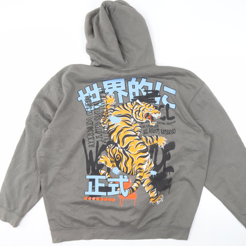 boohooMAN Men's Grey Graphic Pullover Hoodie L