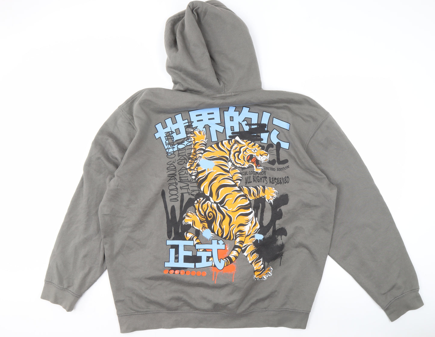 boohooMAN Men's Grey Graphic Pullover Hoodie L