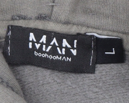 boohooMAN Men's Grey Graphic Pullover Hoodie L