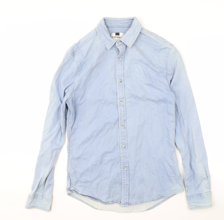 Topman Men's Blue Denim Long Sleeve Regular Fit Shirt