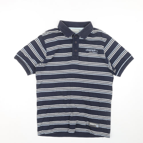 Champion Men's Blue Striped Polo Shirt Small