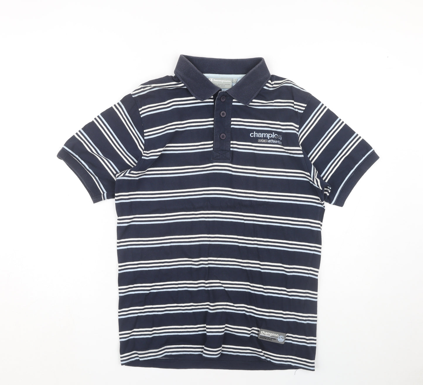 Champion Men's Blue Striped Polo Shirt Small