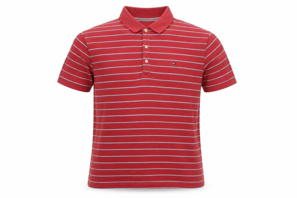 Front view of Hilfiger Denim Men's Red Striped Polo Shirt Large