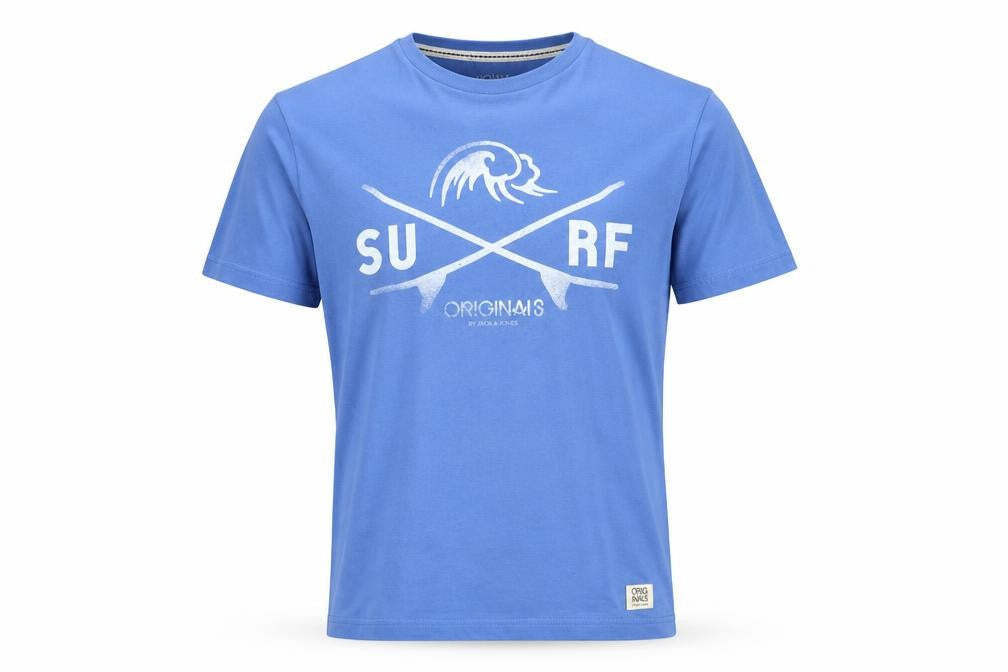 Front view of Jack & Jones Men's Blue Surf Graphic T-Shirt, size S