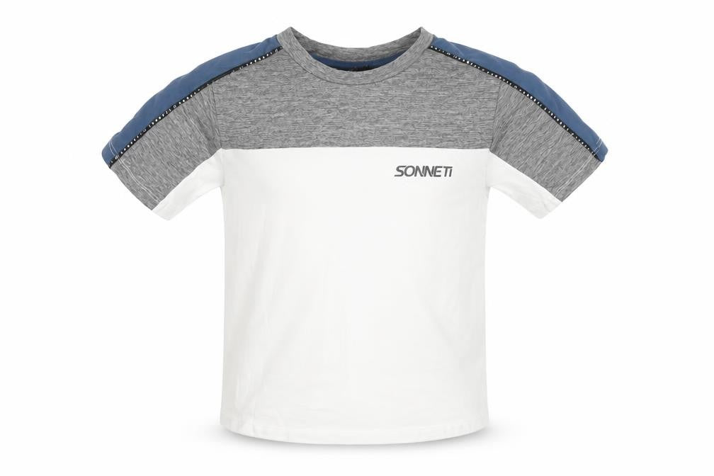 Front view of Sonneti boys’ colourblock t-shirt, white/grey/blue, size 7-8