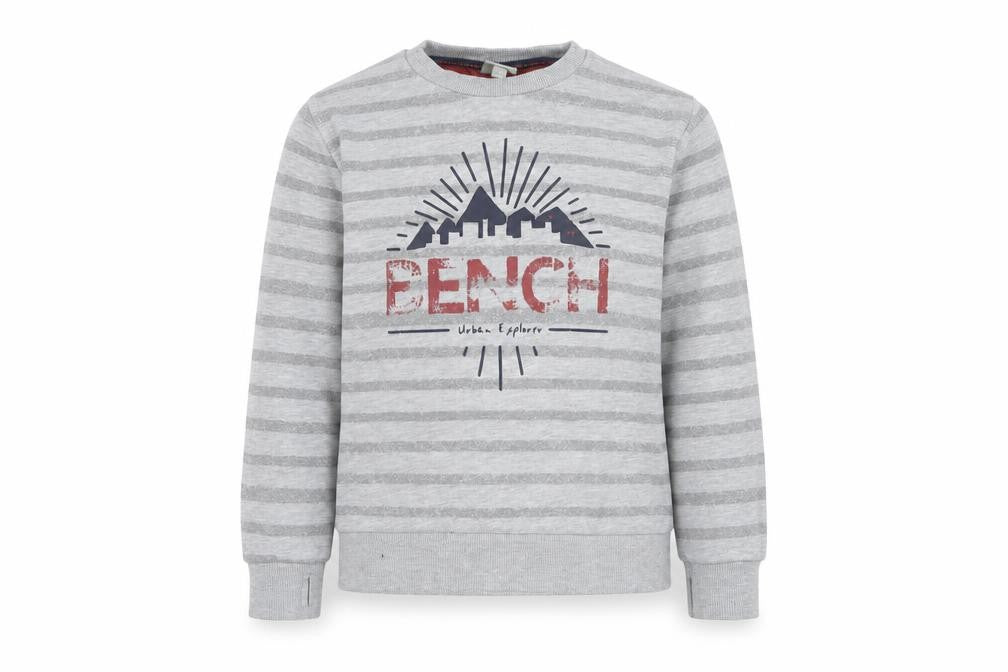 Front view of Bench boys’ grey graphic striped pullover sweatshirt 9-10 yrs