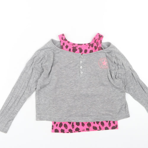 Converse Girls Grey Pink 4-5Y Animal Print Long Sleeve T-Shirt