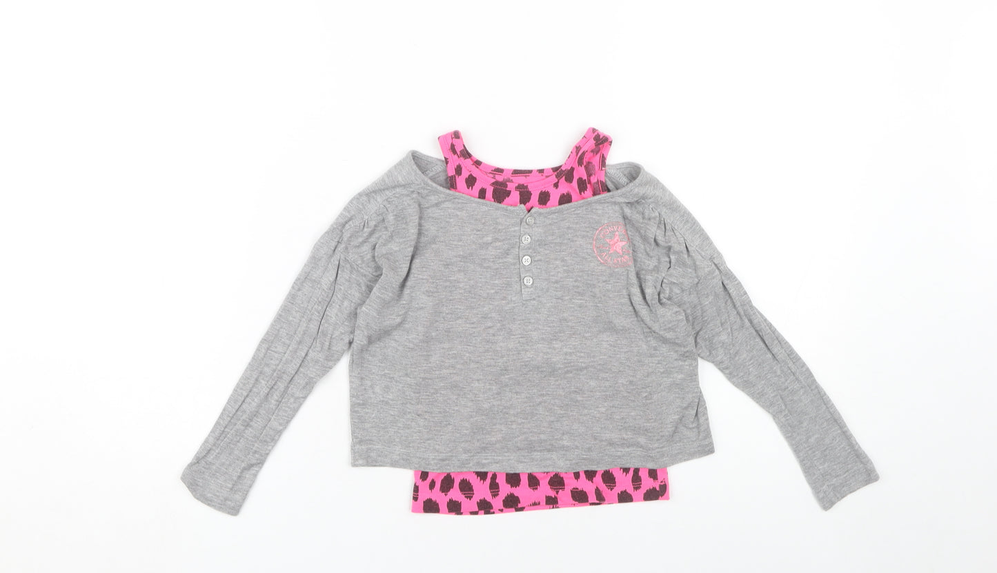 Converse Girls Grey Pink 4-5Y Animal Print Long Sleeve T-Shirt