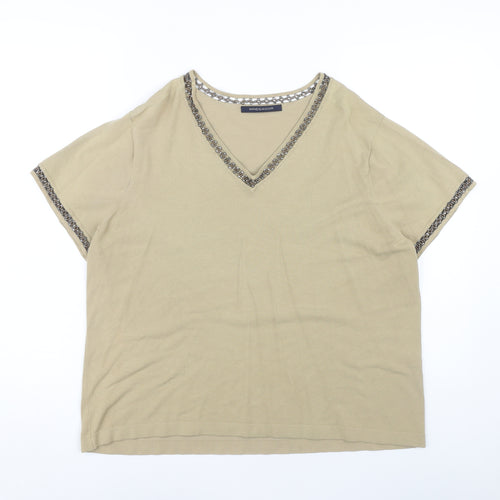 Windsmoor Women Beige Beaded V-Neck T-Shirt L+
