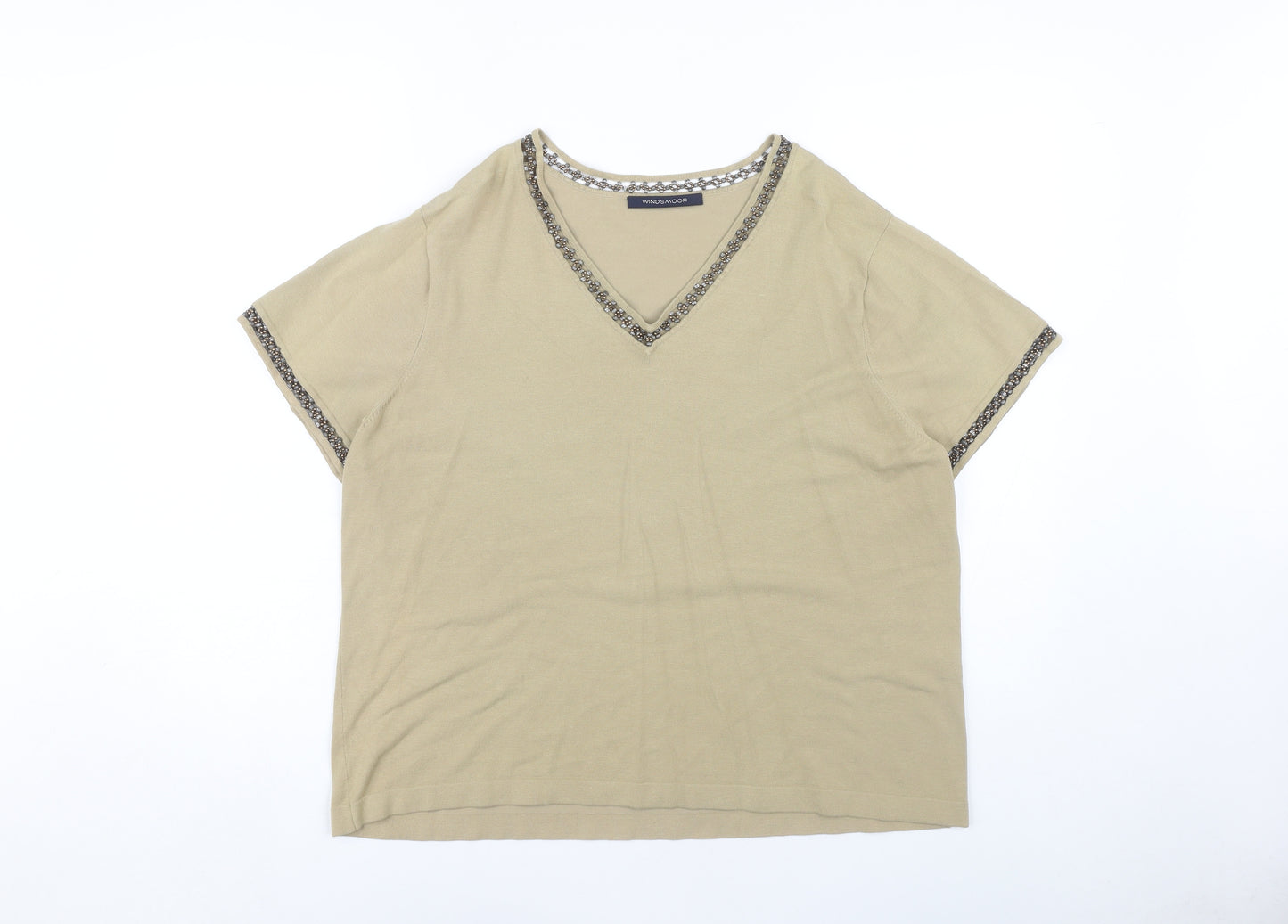 Windsmoor Women Beige Beaded V-Neck T-Shirt L+