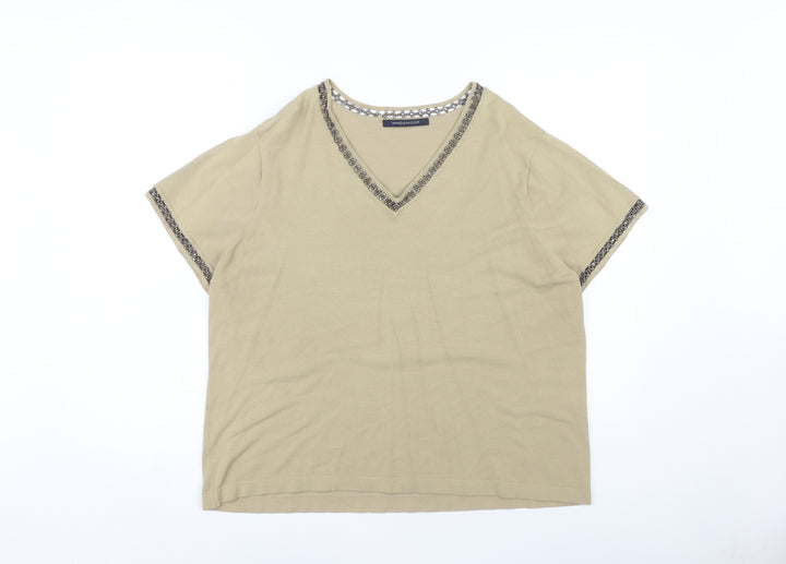 Windsmoor Women Beige Beaded V-Neck T-Shirt L+