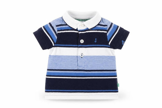 Front view of Jasper Conran unisex baby blue striped polo 0-3 months