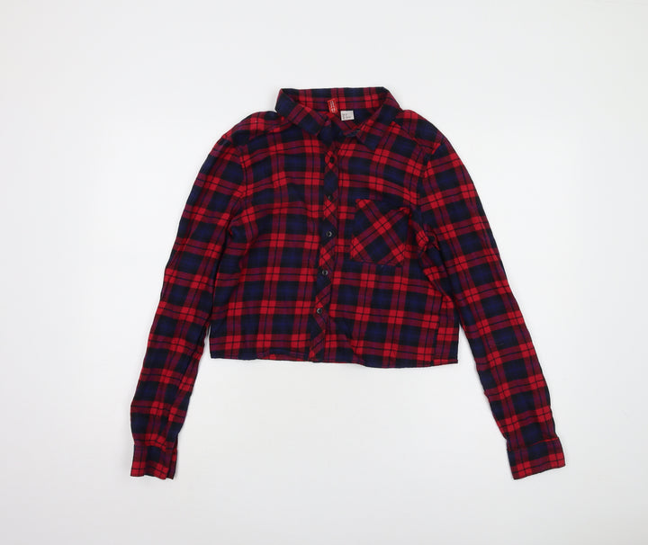 H&M Women's Red Plaid Cropped Button-Up Shirt