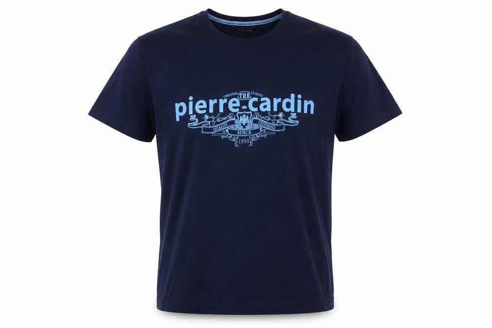 Front view of Pierre Cardin Men's Blue Graphic Logo T-Shirt Medium