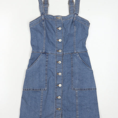 H&M Women Blue Denim Pinafore Dress Size 4 Casual