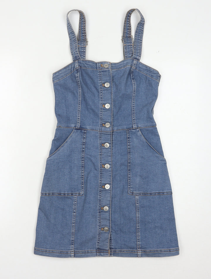 H&M Women Blue Denim Pinafore Dress Size 4 Casual