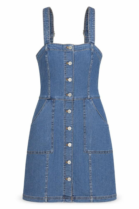 Front view of H&M Women Blue Denim Pinafore Dress, size 4, Casual