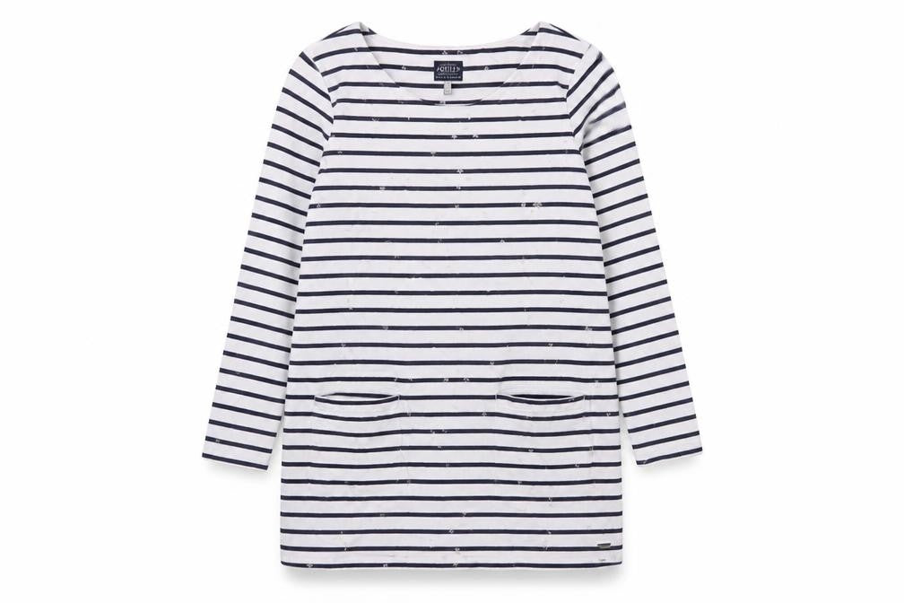 Front view of Joules Women's Striped Long Sleeve Cotton Shift Dress