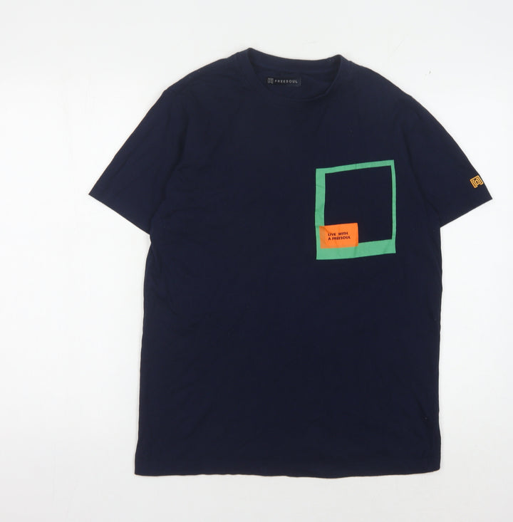 Free Soul Men's Blue Colourblock T-Shirt in S