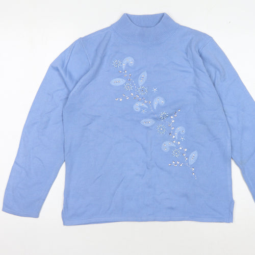 Ann Marie Women's Blue Mock Neck Jumper L Embroidered