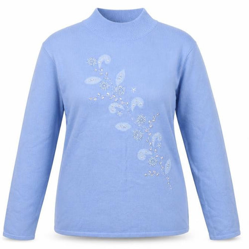 Ann Marie Women's Blue Mock Neck Jumper L Embroidered