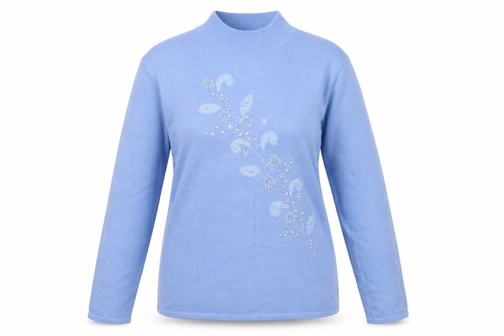 Ann Marie Women's Blue Mock Neck Jumper L Embroidered