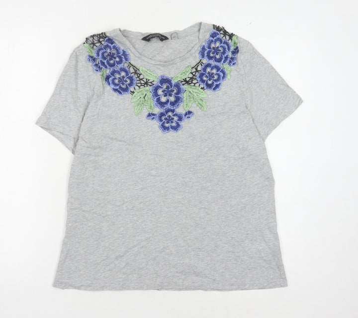 Dorothy Perkins Women's Grey Embroidered T-Shirt Size 16