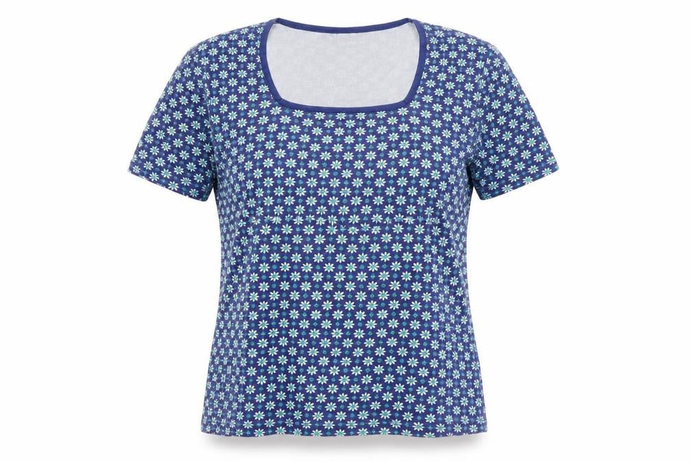 Front view of Cotton Traders Women's Blue Floral T-Shirt, size 14