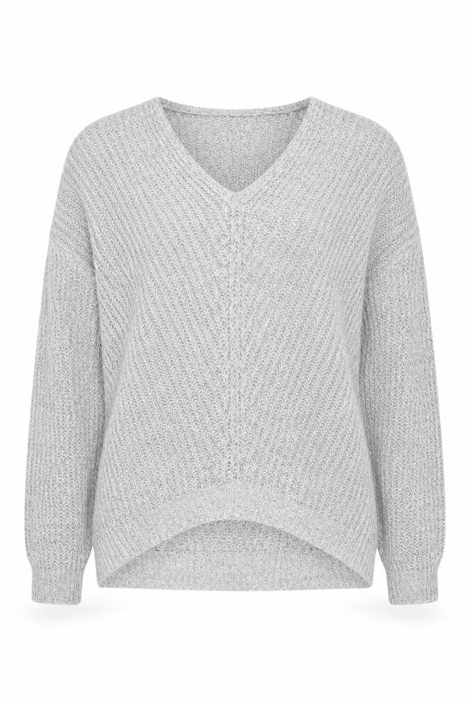 Front view of Jacqueline de Yong Women's Grey Jumper M V-Neck Knit