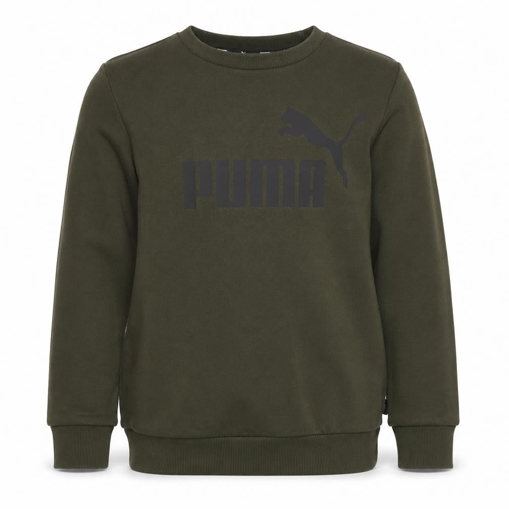 Front view of Puma boys’ green crew neck sweatshirt with logo, size 11-12y