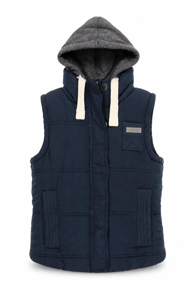 Front view of Kangol Women's Blue Hooded Waistcoat, size 10