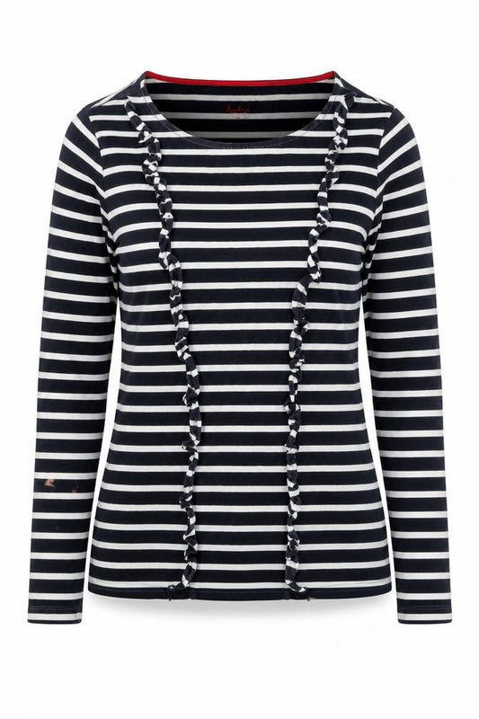 Front view of Boden Women's Striped T-Shirt, size 8, Black/White, Ruffle