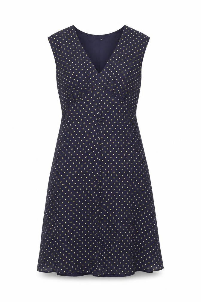 Front view of John Lewis Women's Blue A-Line Polka Dot Dress, size 12