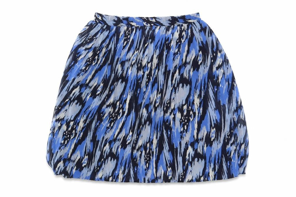 Front view of Bm Women's Blue Pleated Geometric Midi Skirt