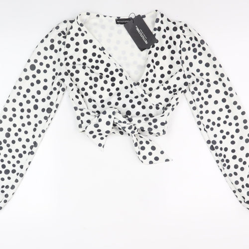 PrettyLittleThing Women's White Polka Dot Wrap Blouse Size 8