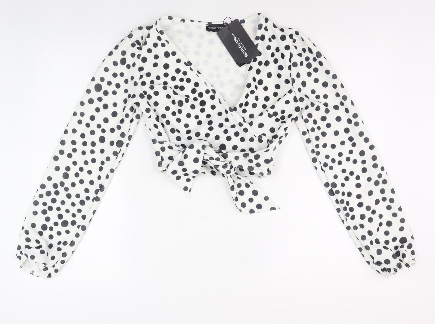PrettyLittleThing Women's White Polka Dot Wrap Blouse Size 8