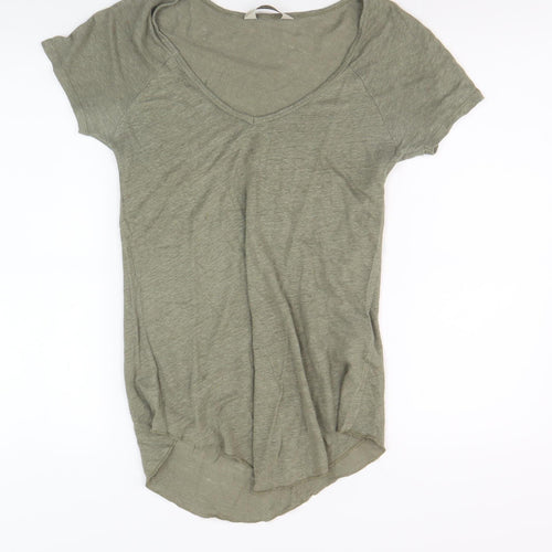 Zara Basic Green Linen V-Neck Women's T-Shirt Size 12