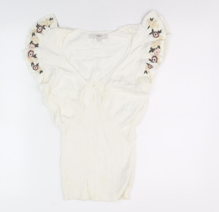 Next Women's White Embroidered V-Neck Top Size 12