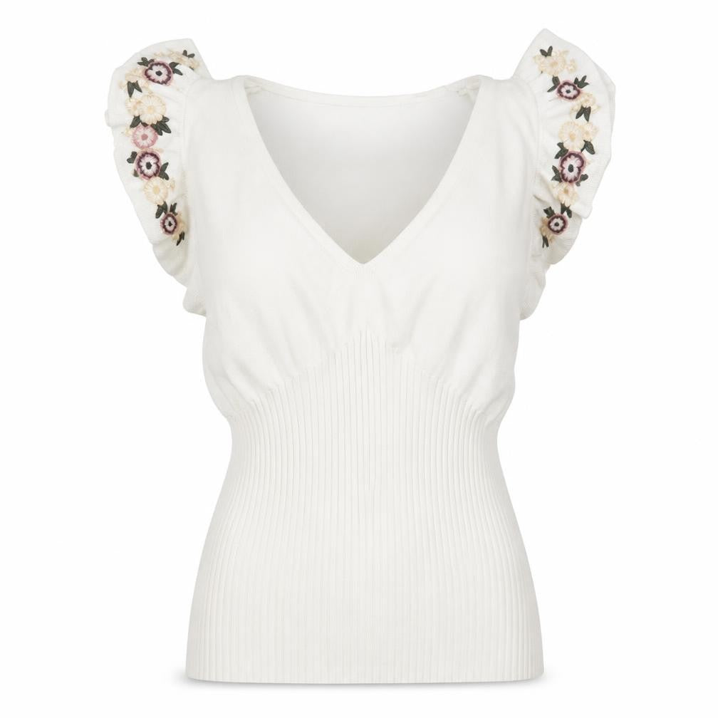 Front view of Next Women's White Embroidered V-Neck Top, size 12