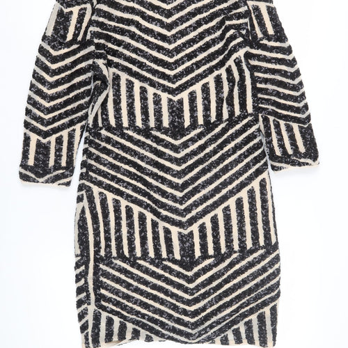 TFNC London Women’s Black Beige Chevron Sequin Sheath Dress S