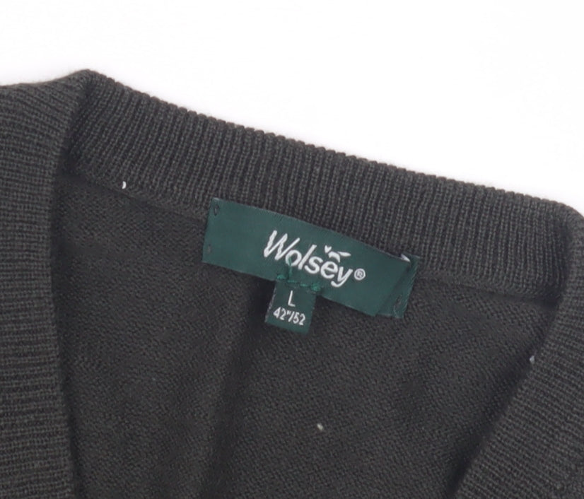 Wolsey Men's Black V-Neck Wool Pullover, Size L