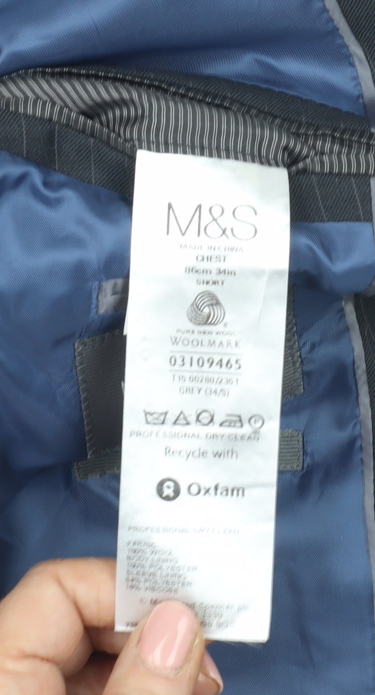 Marks and Spencer Men's Grey Striped Wool Blazer 34 Short Regular Fit