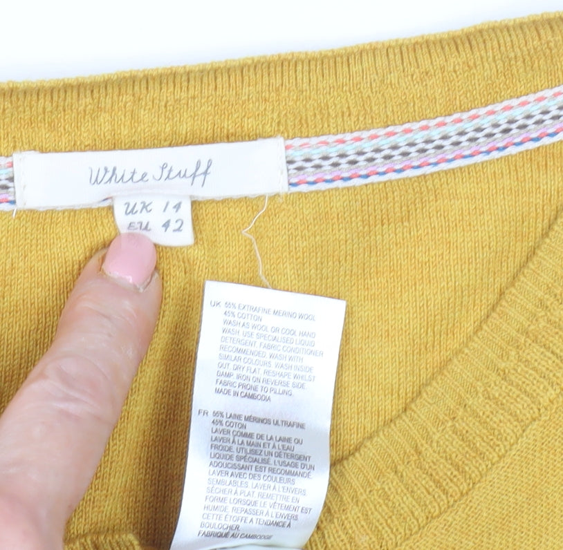 White Stuff Women's Yellow Cardigan UK 14 Merino Wool
